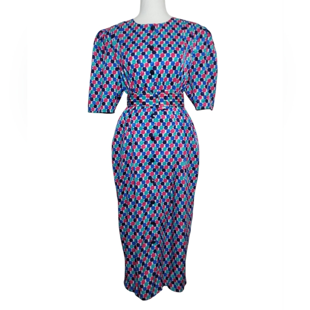 Papell Boutique Vintage Belted Polka Dot Dress 80s 90s Housewife Pink & Blue 14